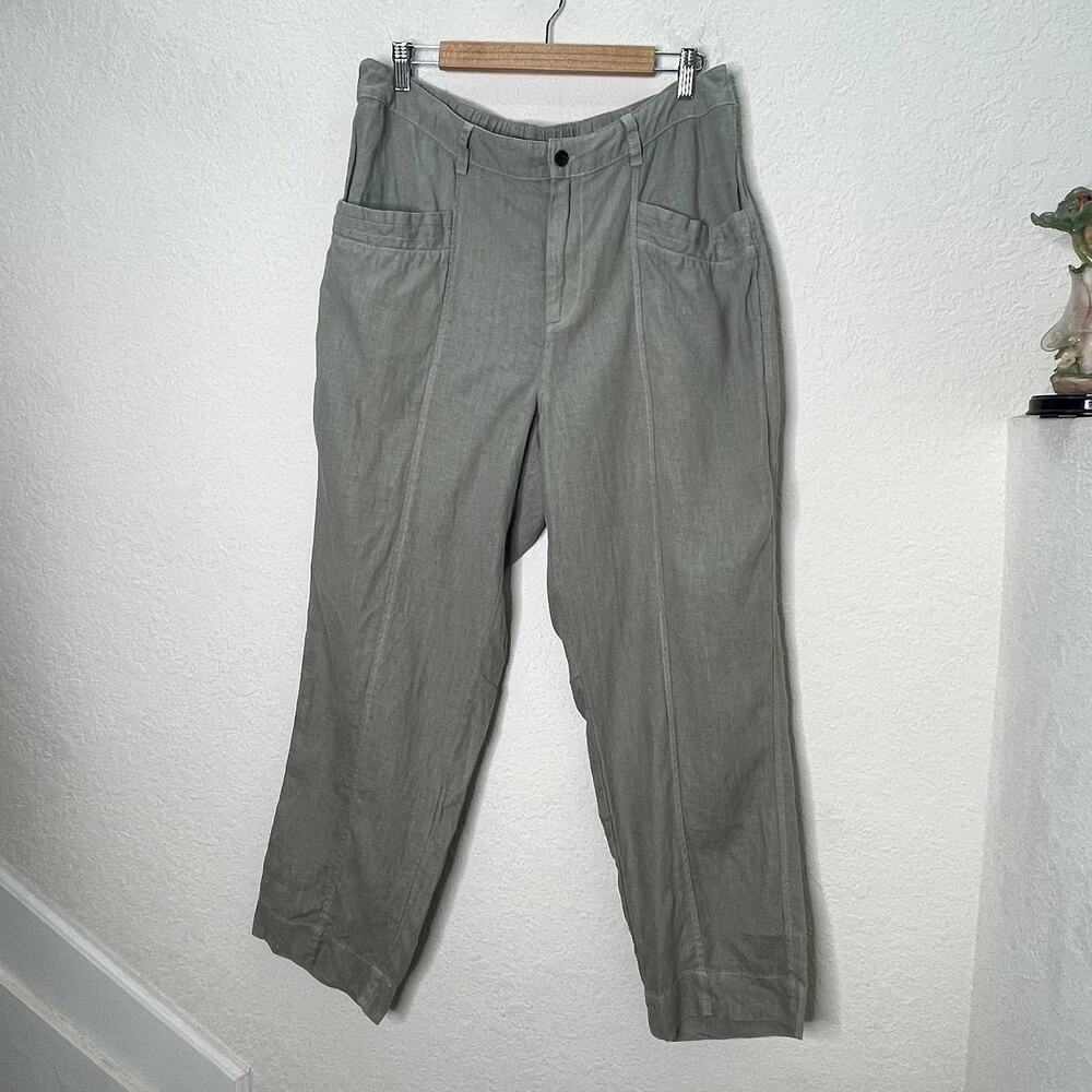 Women's 100% Linen Pants L 12 14 Sage Green Utility Relaxed Straight Leg